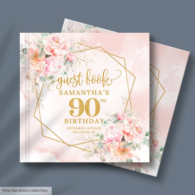 Livre D'or Bohème Chic Blush Or Rose Floral 90e anniversaire (Bohemian Chic Blush Pink Gold Floral 90th Birthday Guest Book )