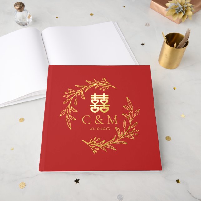 Livre D'or Boho feuille couronne double bonheur mariage chino (Recto ouvert)