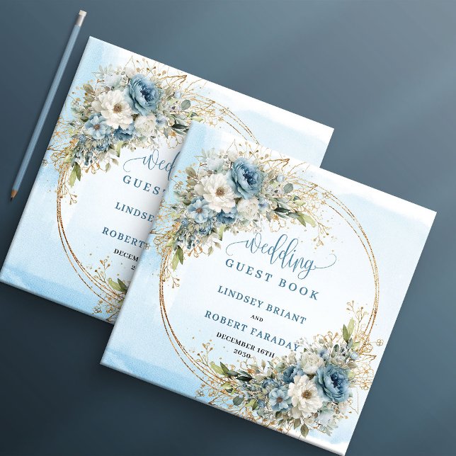 Livre d'or Boho Fleurs Bleues Feuillage Doré (Boho Blue Flowers Greenery Gold Guest Book)