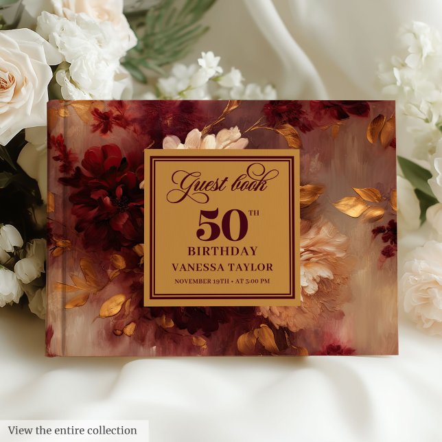 Livre D'or Boho Marsala Blush Gold Floral de luxe 50 Annivers (Luxury Boho Marsala Blush Gold Floral 50 Birthday Guest Book)