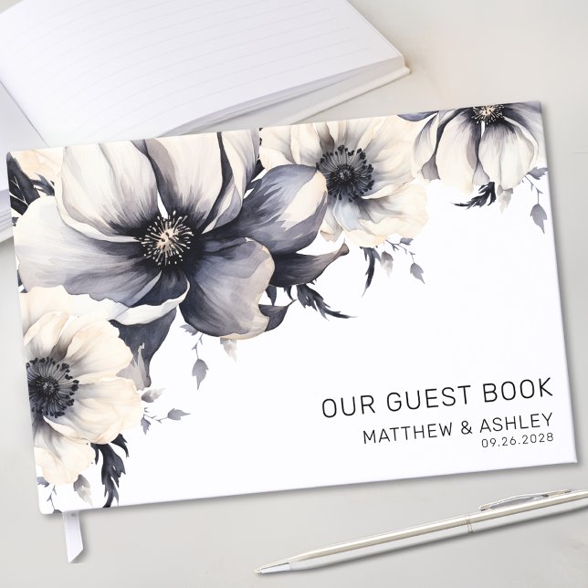 Livre D'or Boho moderne noir blanc Mariage Floral (Elegant Modern Boho Floral Black White Wedding Guest Book)