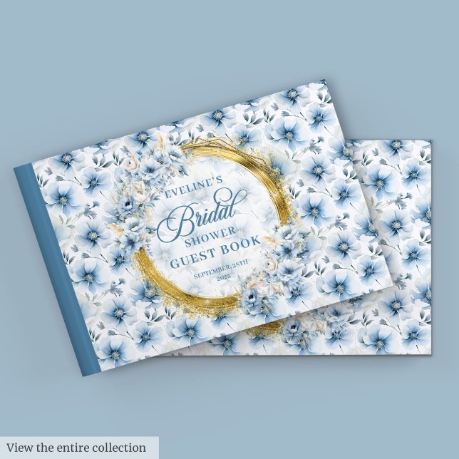 Livre D'or Boho Poussiéreux Bleu Or Paillettes Fleurs Mariage (Boho Dusty Blue Gold Glitter Flowers Bridal Shower Guest Book)