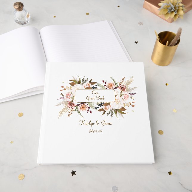 Livre D'or Boho Soft Coloured Rose/White Flowers Mariage (Recto ouvert)