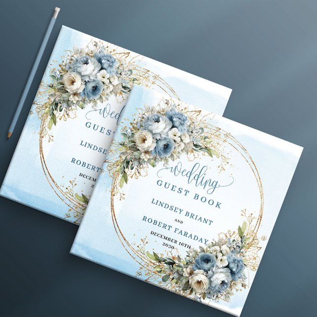 Livre D'or Boho Watercolor Pastel Blue Flowers Gold Wedding (Boho Watercolor Pastel Blue Flowers Gold Wedding Guest Book)