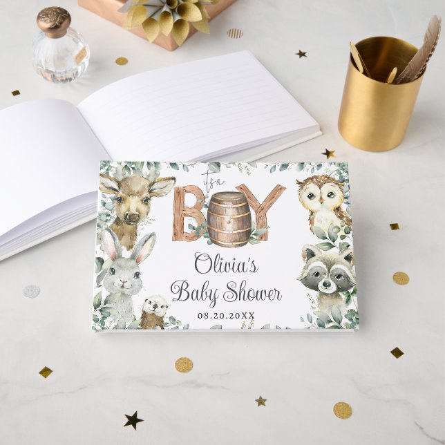 Livre D'or Bois rustique Animaux Végétation Baby shower Garço (Recto ouvert)