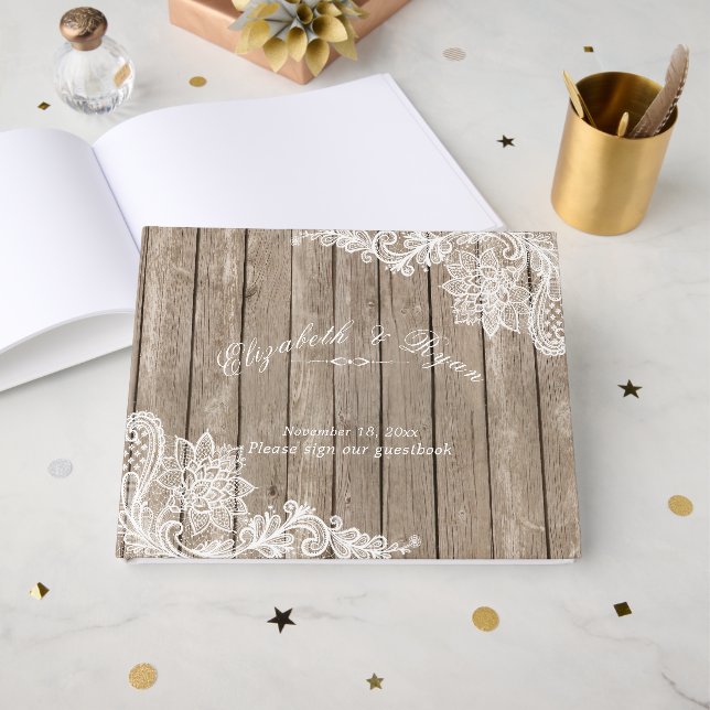 Livre D'or Bois rustique, Dentelle Élégante, Personnalisé, (Recto ouvert)