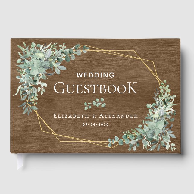 Livre D'or Bois rustique vert Élégant Mariage Eucalyptus (Recto)