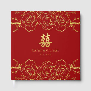Livre D'or Bordure fleurie or rouge mariage chinois double xi