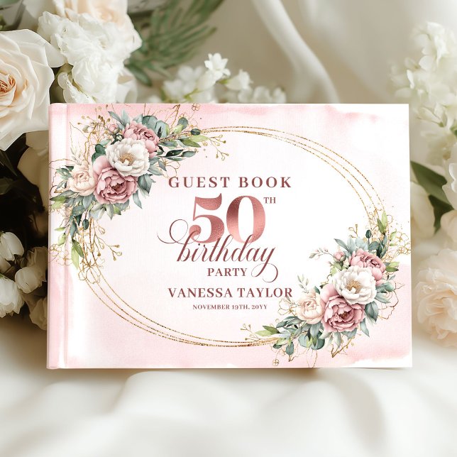 Livre d'or botanique chic pour 50e anniversaire (Chic Botanical Blush 50th Birthday Guestbook)