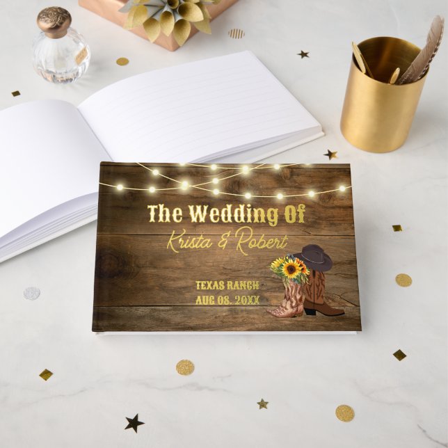 Livre D'or Bottes rustiques Cowboy tournesol Western Mariage  (Recto ouvert)