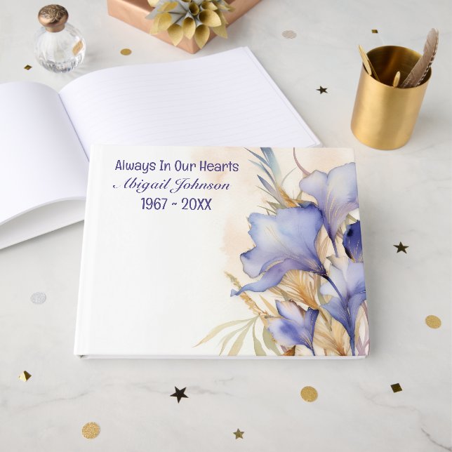 Livre D'or Bouquet d'iris à l'aquarelle pour service commémor (Recto ouvert)