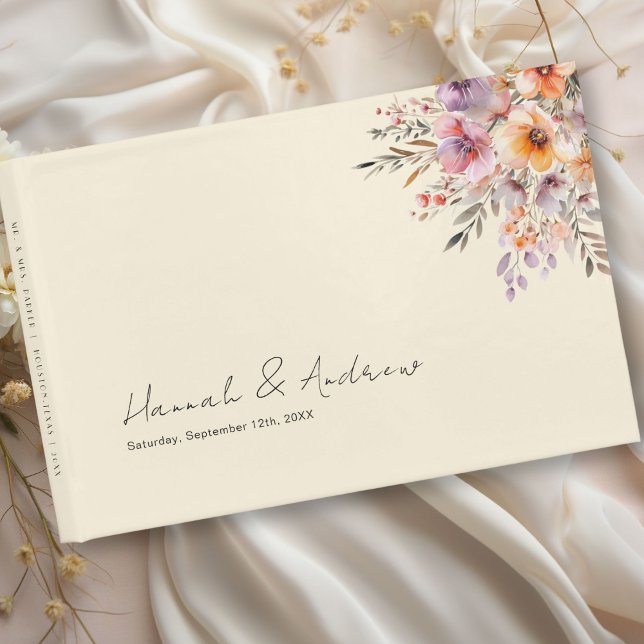 Livre D'or Bouquet, Fleur, Mariage, Beige (Colorful, Flower Bouquet, Beige Wedding Guest Book with your name and date.)