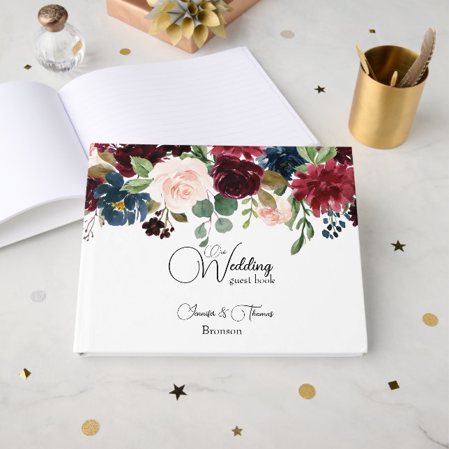 Livre D'or Bourgogne et bleu Mariage anglais Fleurs (Recto ouvert)