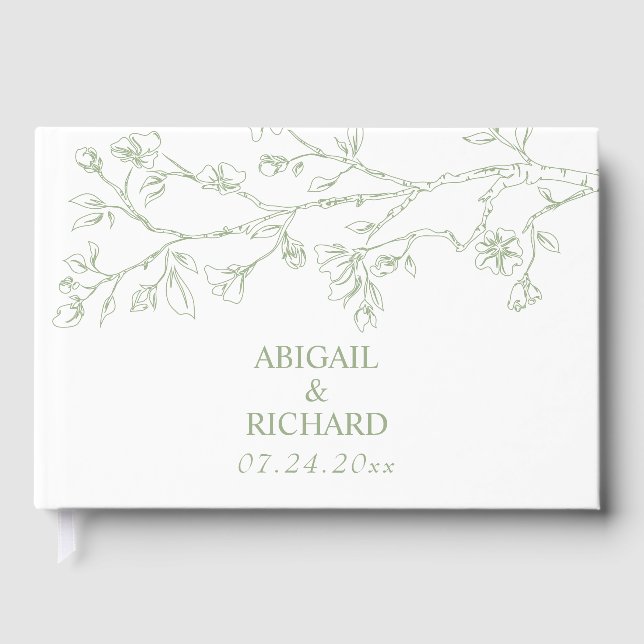 Livre D'or Branche avec fleurs vert sauge mariage monochrome (Recto)