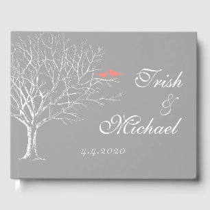 Livre D'or Branches des arbres Gris Corail Oiseaux Mariages L