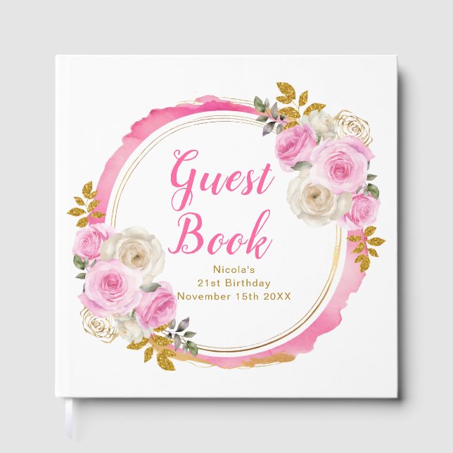 Livre D'or Bright Pink Gold Elegant Flowers Birthday Party (Recto)