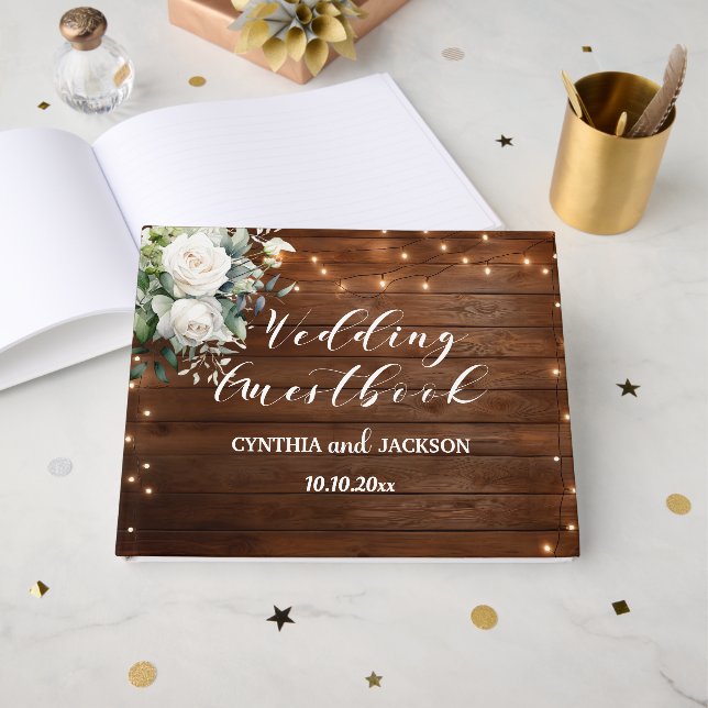 Livre D'or Brown Bois de Chaîne Rustique Lumières Mariage Flo (Recto ouvert)
