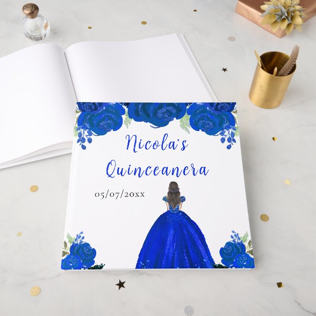 Livre D'or Brown Hair Princess Blue Quinceanera Guest Book (Recto ouvert)
