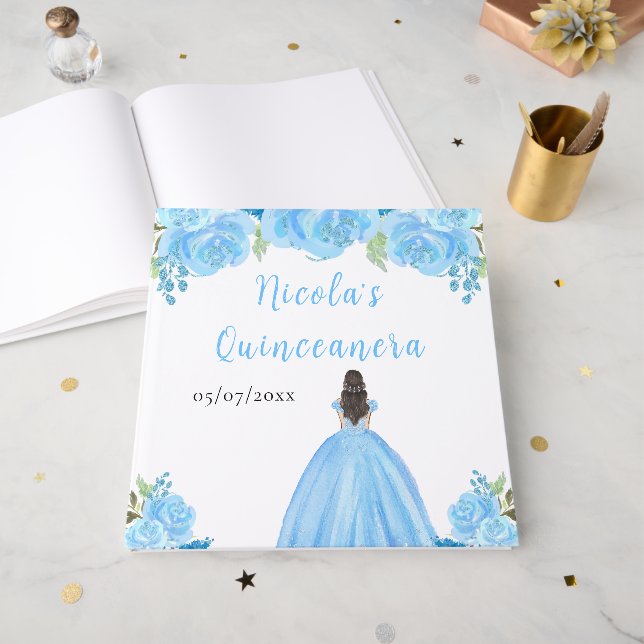 Livre D'or Brown Hair Princess Blue Quinceanera Guest Book (Recto ouvert)