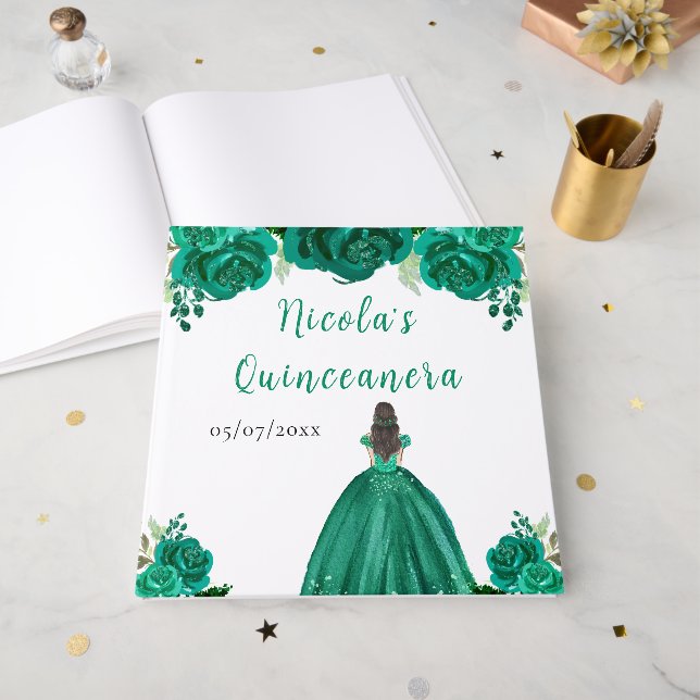 Livre D'or Brown Hair Princess Green Quinceanera Guest Book (Recto ouvert)