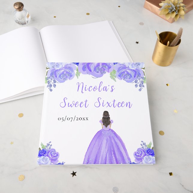 Livre D'or Brown Hair Princess Purple Sweet 16 Guest Book (Recto ouvert)