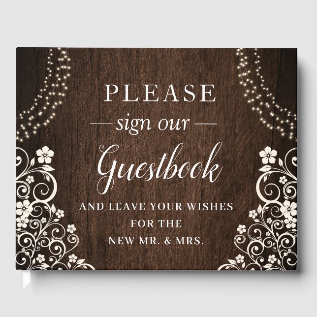 Livre D'or Budget Woodsy Rustic String Lumières Mariage bois (Recto)