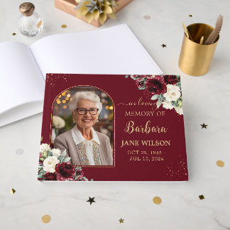 Livre D'or Burgundy Ivory White Floral Memorial