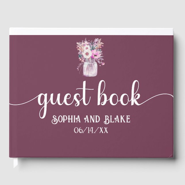 Livre D'or Burgundy Mason Jar avec Mariage de fleurs (Recto)
