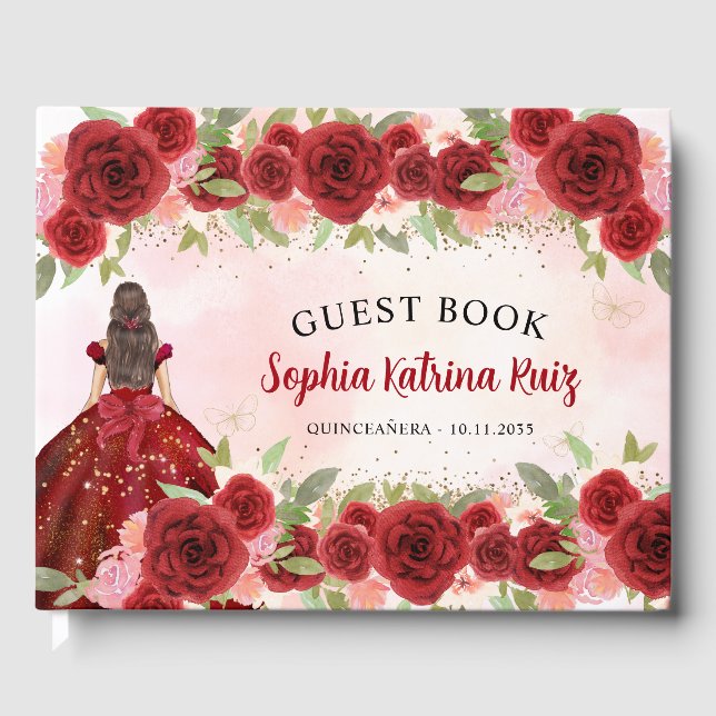 Livre D'or Burgundy Red Gold Floral Princess Quinceañera (Recto)
