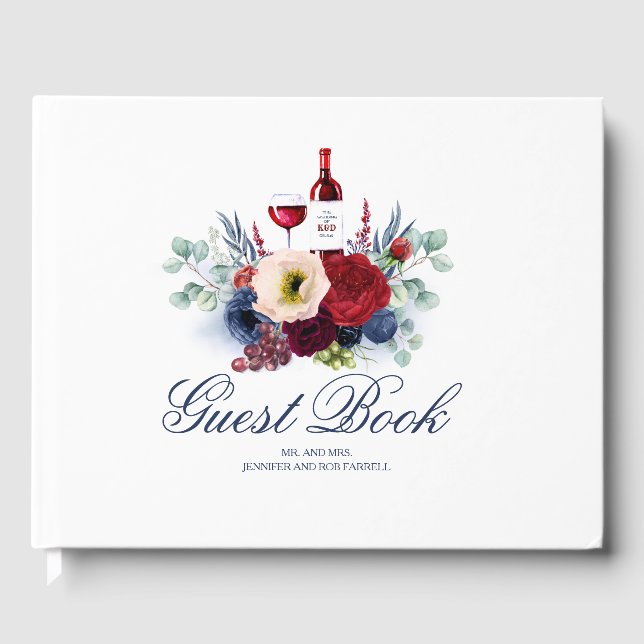 Livre D'or Burgundy Rouge et Navy Blue Floral Vin Mariage (Recto)