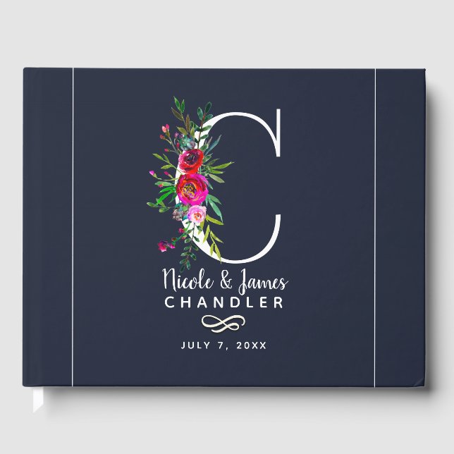 Livre D'or C Lettre Initiale Monogramme Floral Nom Mariage (Recto)