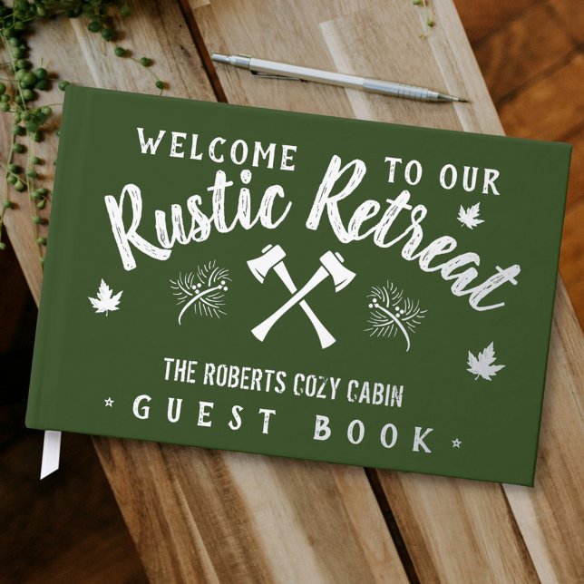 Livre D'or Cabine Rustic Retraite Nom Customisé Vert Argent (Créateur téléchargé)