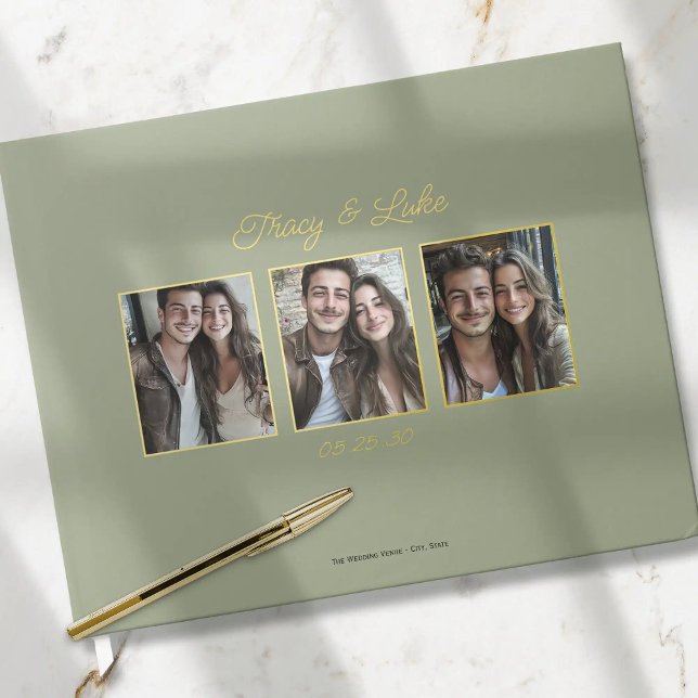 Livre D'or Cadre Or moderne simple avec trois photos en coupl (Simple Modern Gold Frame with Three Couple Photos Wedding Guest book. Elegant guestbook for wedding.)