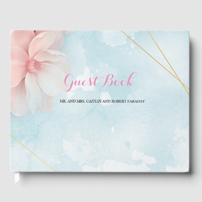 Livre D'or Cadre or rose floral bleu aquarelle invité (Recto)