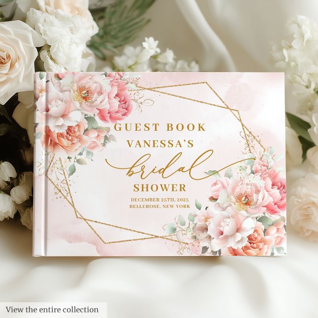 Livre D'or Cadre Rose Gold Classique Bohème pour Enterrement  (Classic Boho Blush Pink Gold Frame Bridal Shower Guest Book)