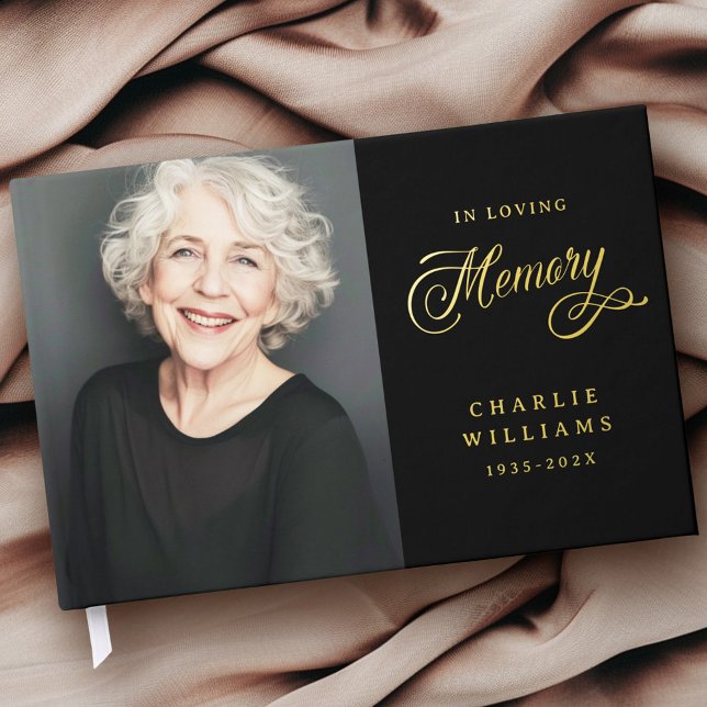 Livre D'or Calligraphie dans la mémoire amoureuse funérailles (Calligraphy in loving memory funeral black photo foil guest book)