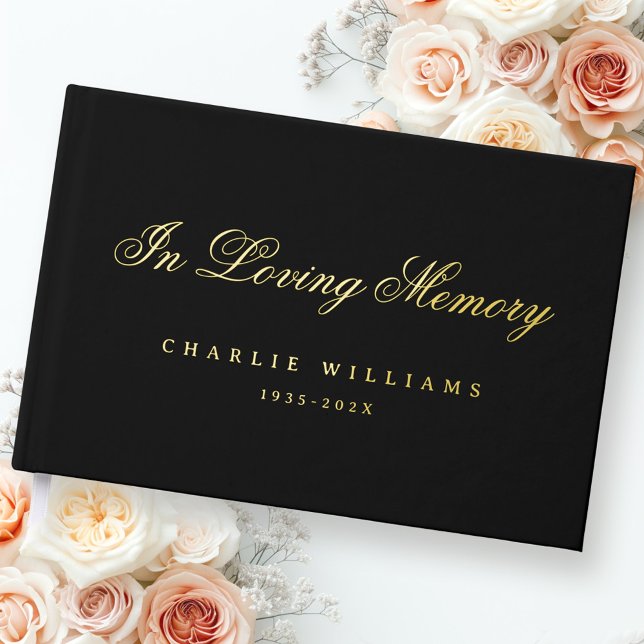 Livre D'or Calligraphie dans la mémoire amoureuse funérailles (Calligraphy in loving memory funeral black real foil guest book)