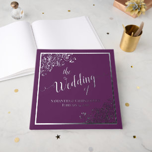 Livre D'or Calligraphie élégante argentée sur mariage violet