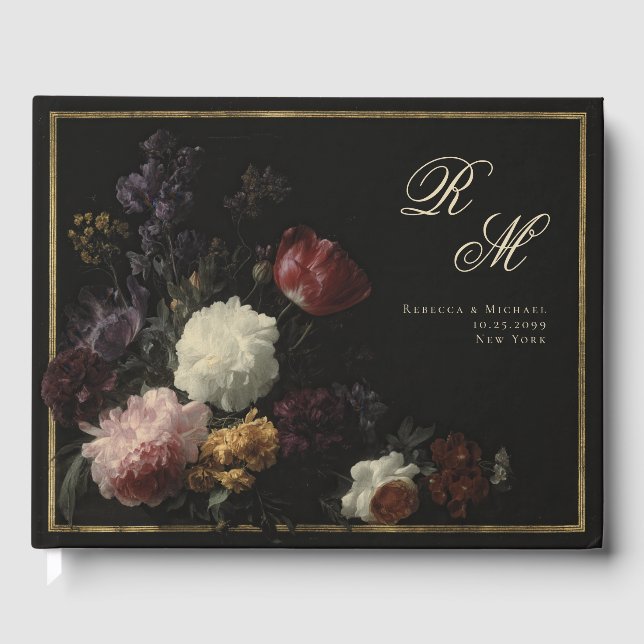 Livre D'or Calligraphie Monogramme Fleurs romantiques noires (Recto)