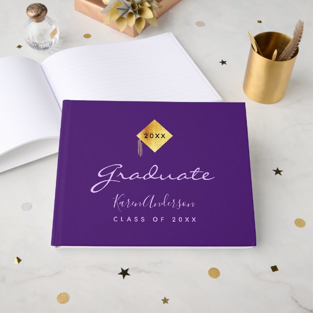 Livre D'or Casquette d'or violet Graduation (Recto ouvert)