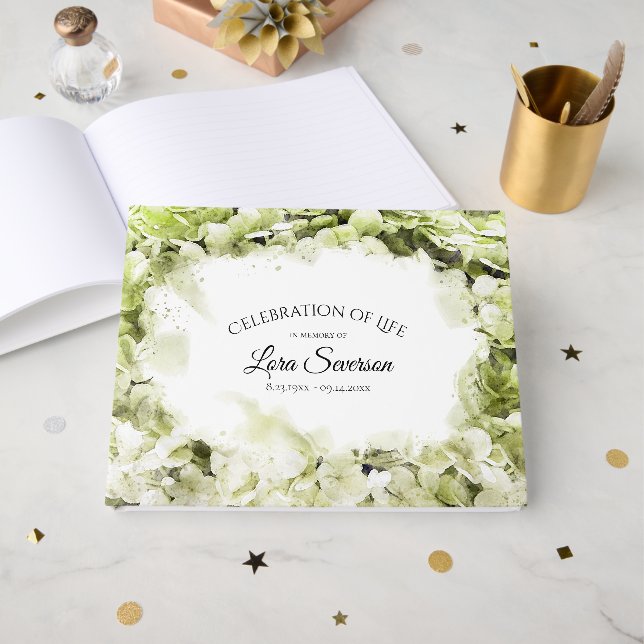 Livre D'or Célébration de la vie en Hydrangée verte (Recto ouvert)