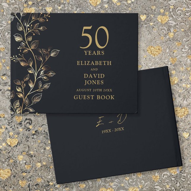 Livre D'or Célébration de mariage élégante florale dorée 50èm (Elegant Golden Floral 50th Wedding Anniversary Guest Book)