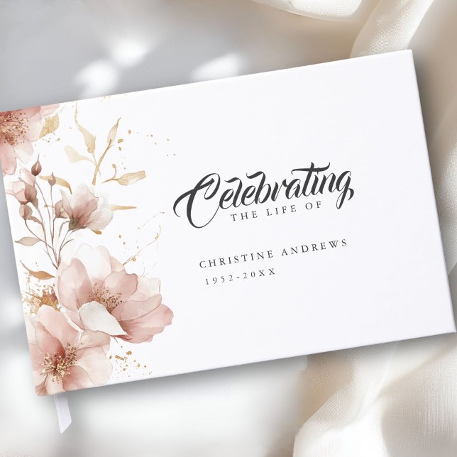 Livre D'or "Célébrer la vie de" Elégant funérailles florales ("Celebration the Life of" Elegant Floral Funeral Guest Book)