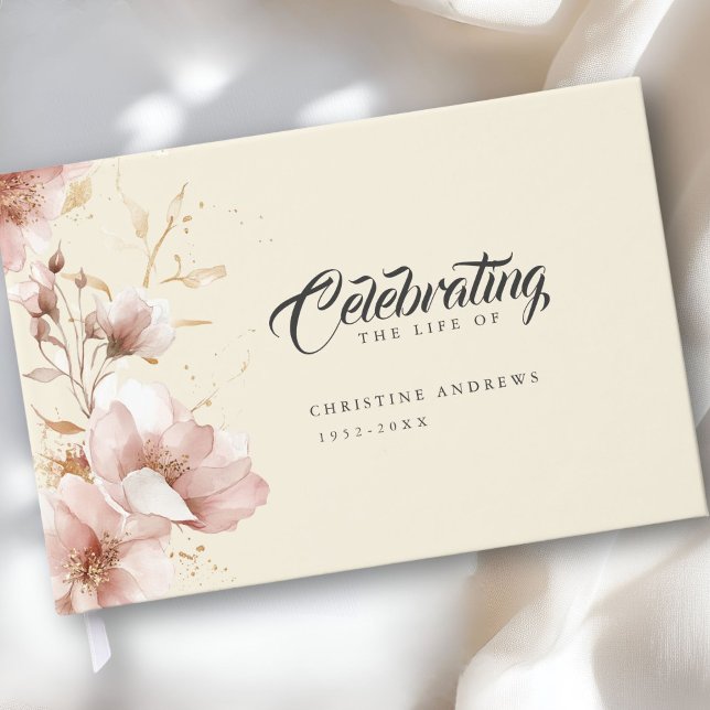 Livre D'or "Célébrer la vie de" Elégant funérailles florales ("Celebration the Life of" Elegant Floral Funeral Guest Book)