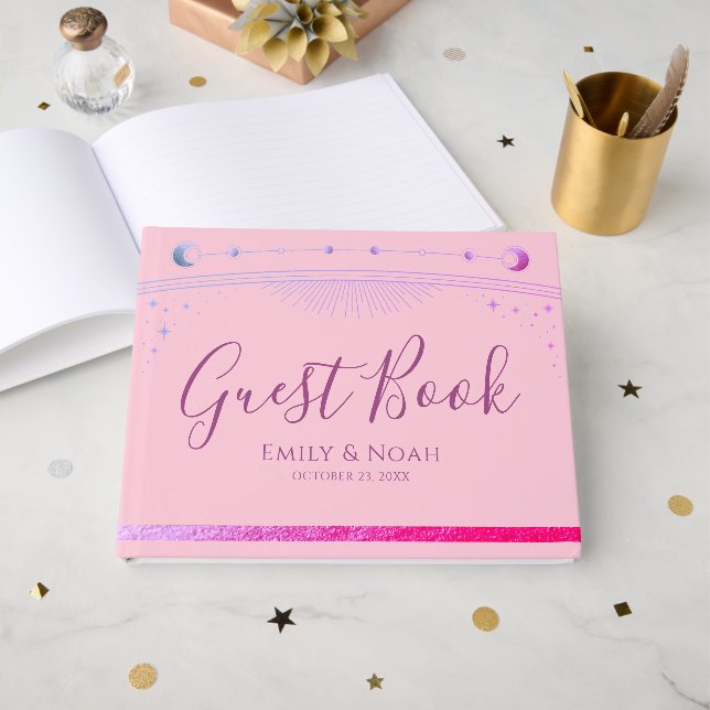 Livre D'or Celestial Pink Purple Sun Moon Stars Wedding  (Recto ouvert)