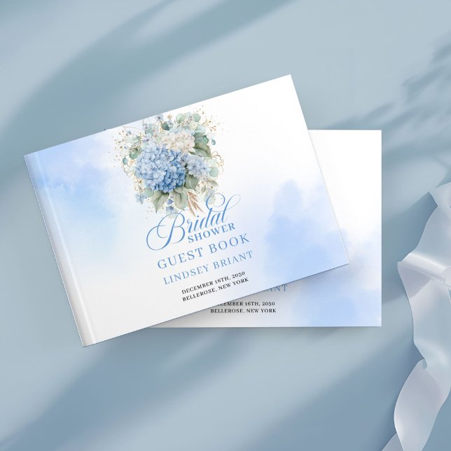 Livre D'or Cérémonie de douche de mariée avec hydrangea bleue (Graceful blue hydrangeas gold frame bridal shower guest book

)