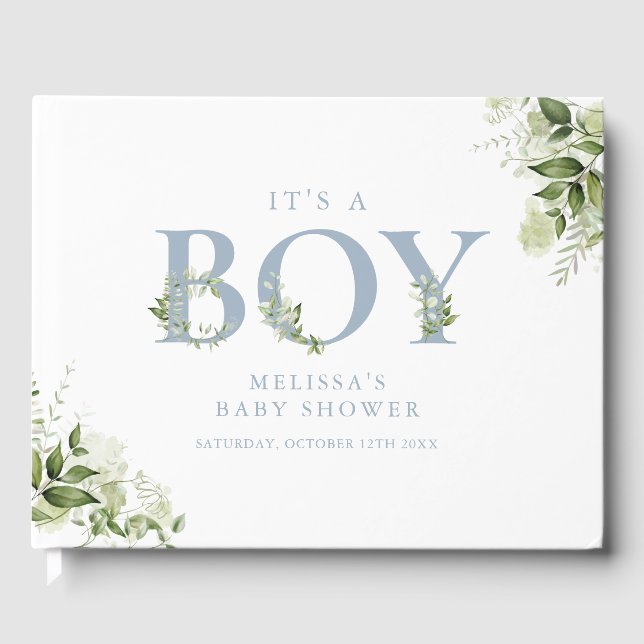 Livre D'or C'est un garçon Dusty Blue Greenery Baby shower (Recto)