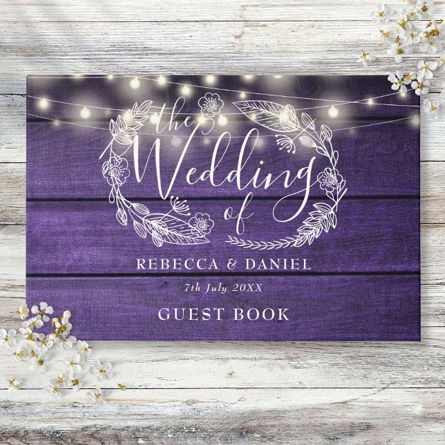 Livre D'or Chaîne éclaire Floral Rustique Mariage en bois vio (String Lights Floral Rustic Purple Wood Wedding Guest Book)