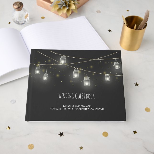 Livre D'or Chaînes de Mason Jars Fireflies Mariage personnali (Recto ouvert)