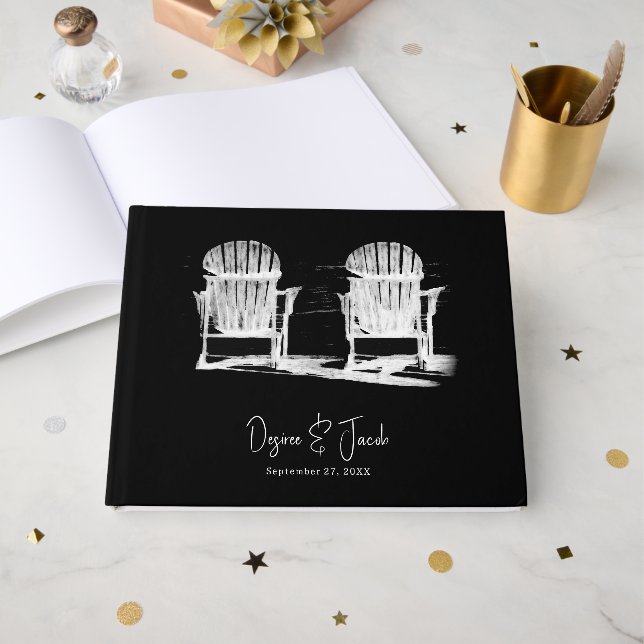 Livre D'or Chaises de plage Mariage Noir et Blanc (Recto ouvert)